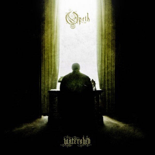 Opeth Watershed album cover showing a solitary figure seated before a towering window filled with brilliant white light.