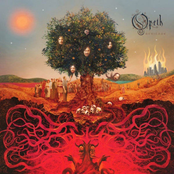 Opeth Heritage album cover featuring a surreal tree with band members’ faces, twisted roots, skulls, and a burning city.
