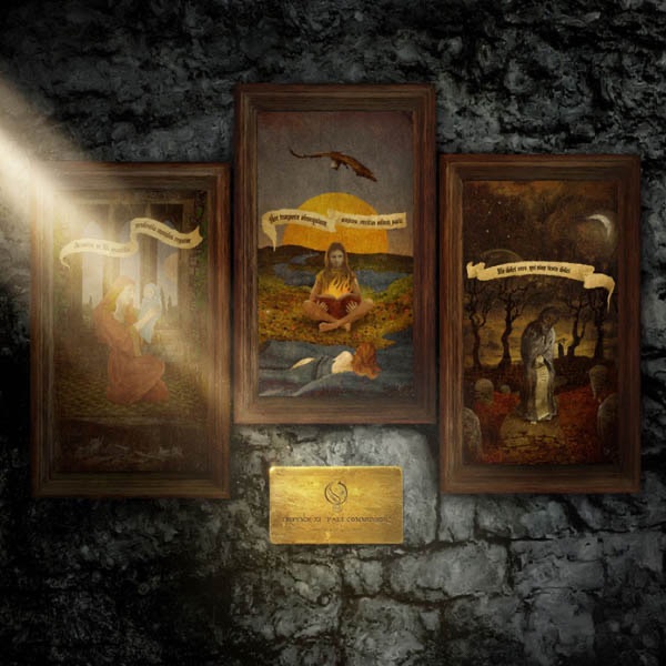 Opeth Pale Communion album cover featuring three framed surreal paintings mounted on a stone wall.