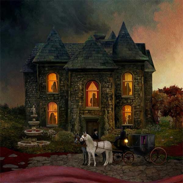 Opeth In Cauda Venenum album cover showing a vintage family portrait gathered inside a dark Victorian room.