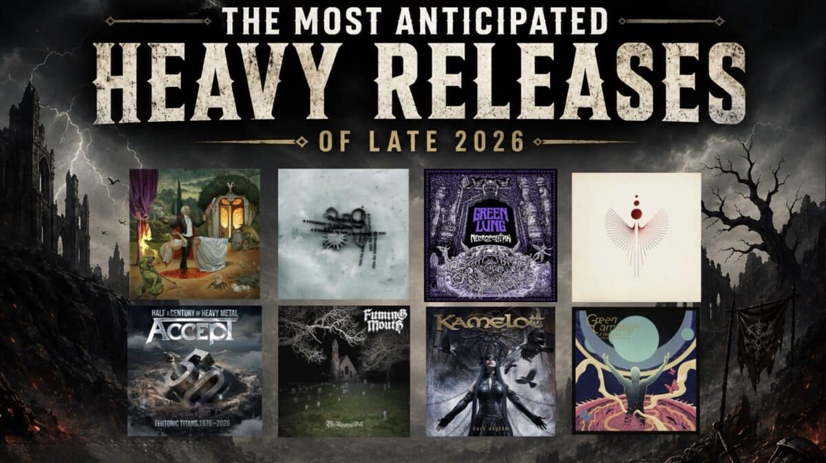 Featured collage for Metal Lair’s “The Most Anticipated Heavy Releases of Late 2026” showcasing upcoming album covers from Anthrax, Loathe, Green Lung, The Ocean, Accept, Fuming Mouth, Kamelot, and Green Carnation.