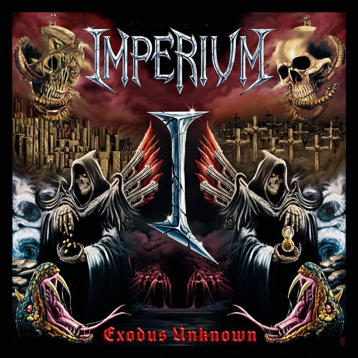 Exodus Unknown album cover by Imperium featuring dark fantasy artwork with grim reapers, skulls, serpents, and apocalyptic imagery.