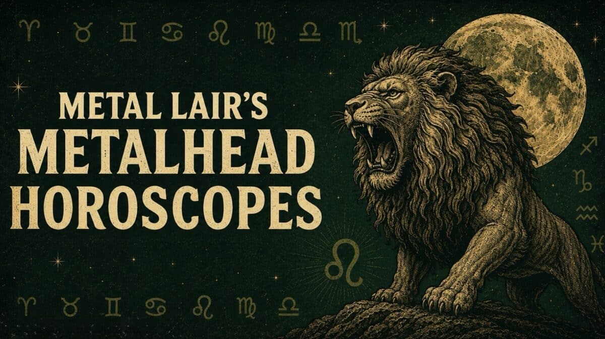 Metal Lair Metalhead Horoscopes Leo Season artwork featuring a roaring lion beneath a full moon with zodiac symbols on a dark green celestial background.