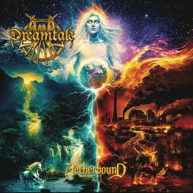 Dreamtale Aetherbound album cover featuring a celestial figure holding Earth between a lush paradise and a burning wasteland.