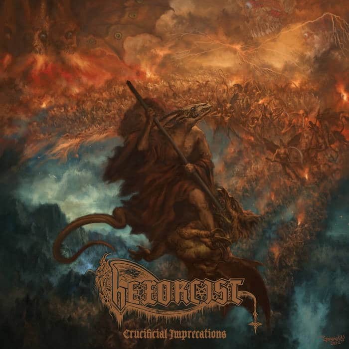 Hexorcist Crucifical Imprecations album cover showing a plague doctor riding into a demonic battlefield.