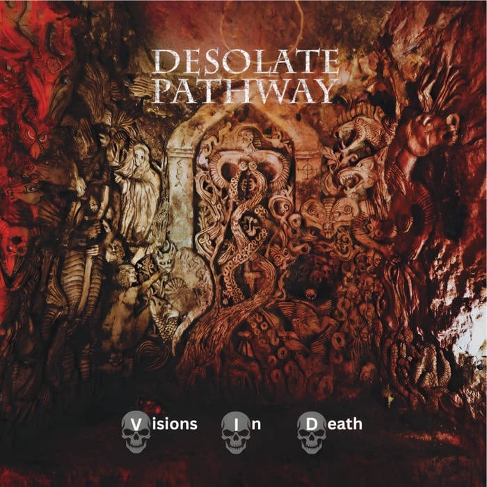 Desolate Pathway Visions in Death album artwork featuring dark skeletal and demonic imagery in red and black tones