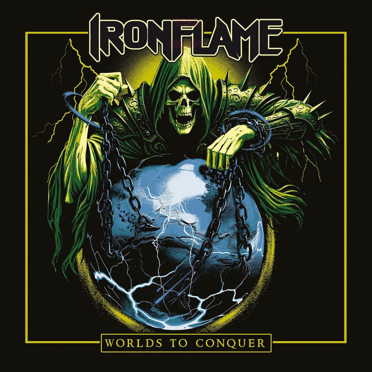 Ironflame Worlds to Conquer album artwork featuring a hooded skeletal warrior chained to a cracked globe