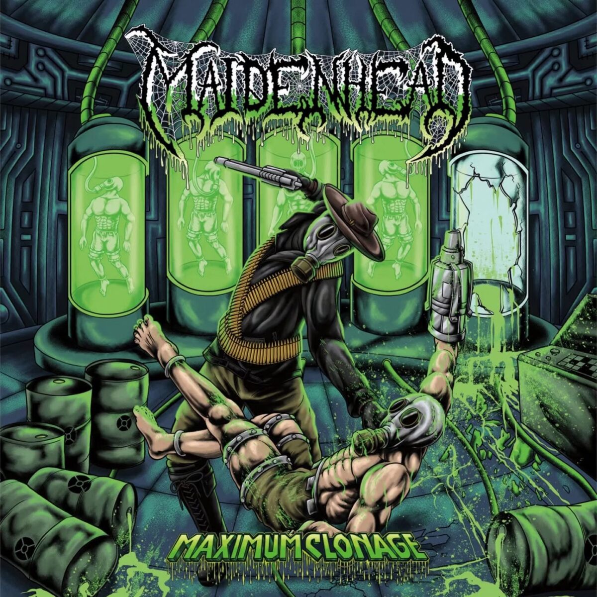 Maidenhead Maximum Clonage album artwork depicting masked figures and human clones inside a toxic green laboratory