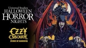 Ozzy Osbourne Halloween Horror Nights Prince of Darkness haunted house artwork featuring Ozzy, a flaming Crazy Train and gothic horror imagery.