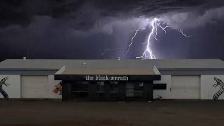 Save The Black Wreath campaign venue in Alice Springs beneath a lightning storm