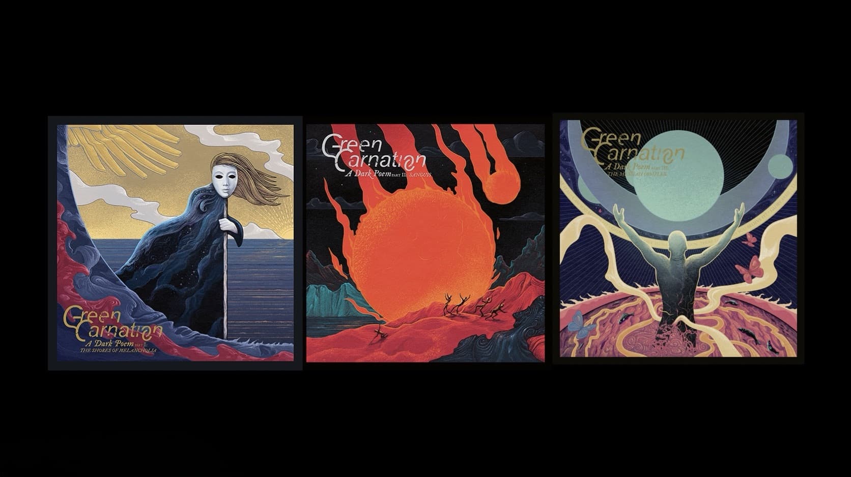 Green Carnation A Dark Poem trilogy album covers for The Shores of Melancholia, Sanguis and The Messiah Complex