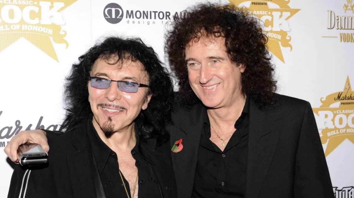 Tony Iommi and Brian May together at the Classic Rock Roll of Honour Awards
