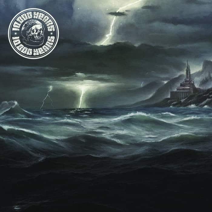 10,000 Years Esox Lucifer album artwork featuring a stormy ocean, lightning and a distant coastal structure