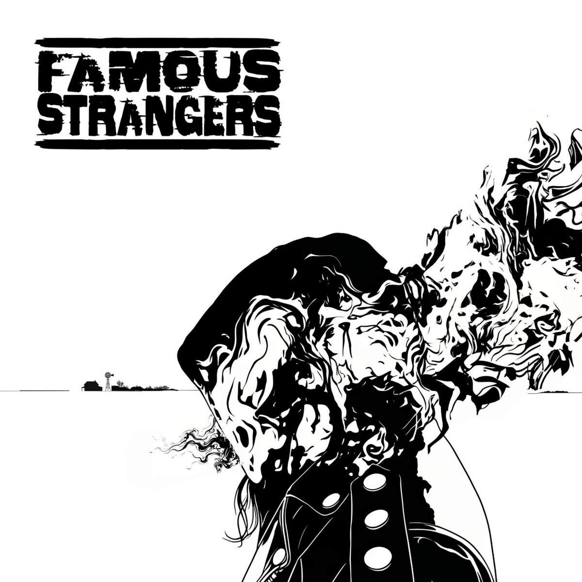 Famous Strangers artwork featuring a black-and-white illustrated figure engulfed in flames