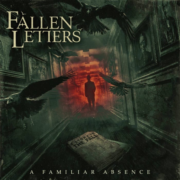 Fallen Letters A Familiar Absence artwork featuring ravens, a shadowy figure and a dark corridor