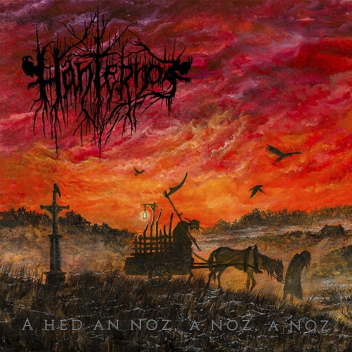 Hanternoz A Hed an Noz, a Noz, a Noz album artwork depicting a fiery Breton landscape with a horse-drawn cart