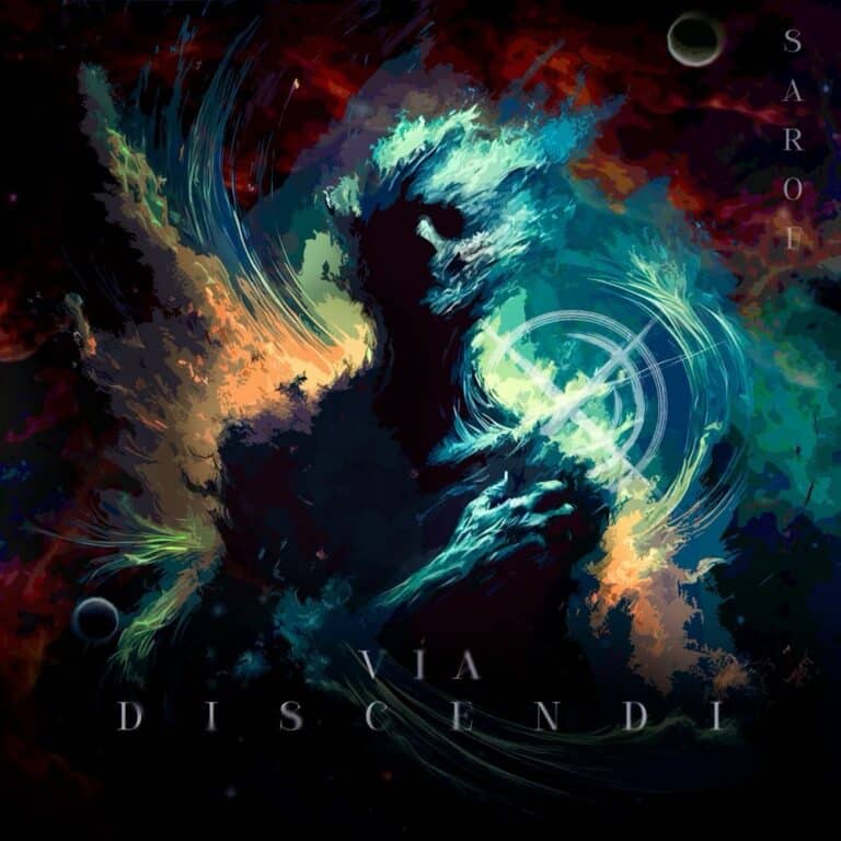 Sarof Via Discendi album artwork featuring an abstract human figure surrounded by swirling blue, green and orange forms