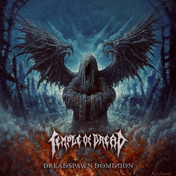 Temple of Dread Dreadspawn Dominion album artwork featuring a dark winged figure surrounded by a ruined icy landscape