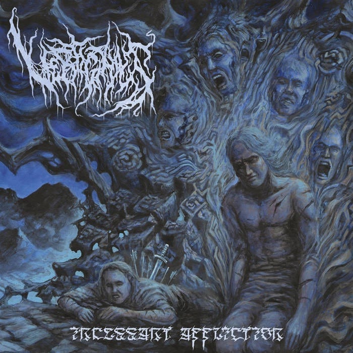 Vertiginous Incessant Affliction album artwork featuring tormented figures and spectral faces in a dark blue landscape