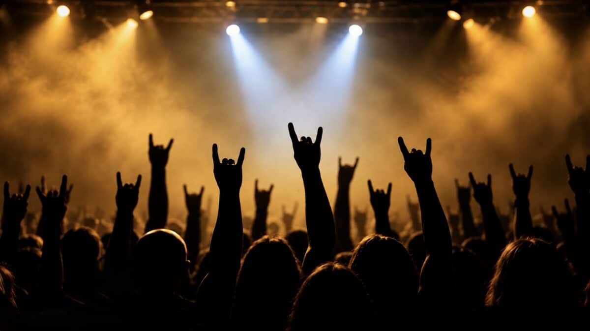 Underground metal websites represented by a crowd of metal fans raising devil horns at a live concert