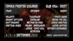 Female Fronted Violence Fest 2026 lineup poster for the three-day metal festival at Club HELL in Diest, Belgium.