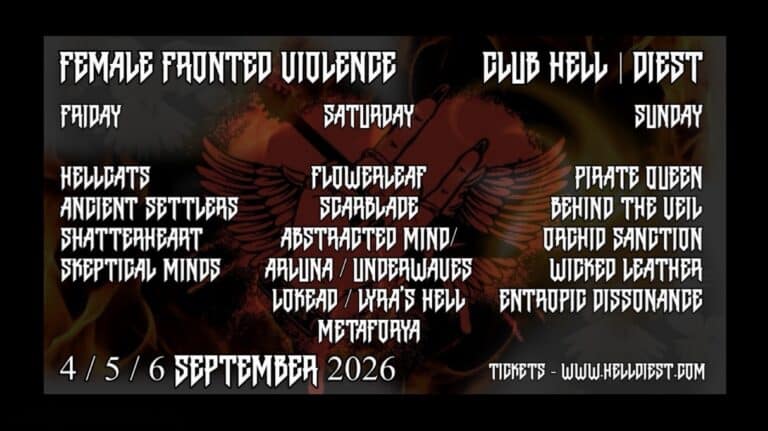 Female Fronted Violence Fest 2026 lineup poster for the three-day metal festival at Club HELL in Diest, Belgium.