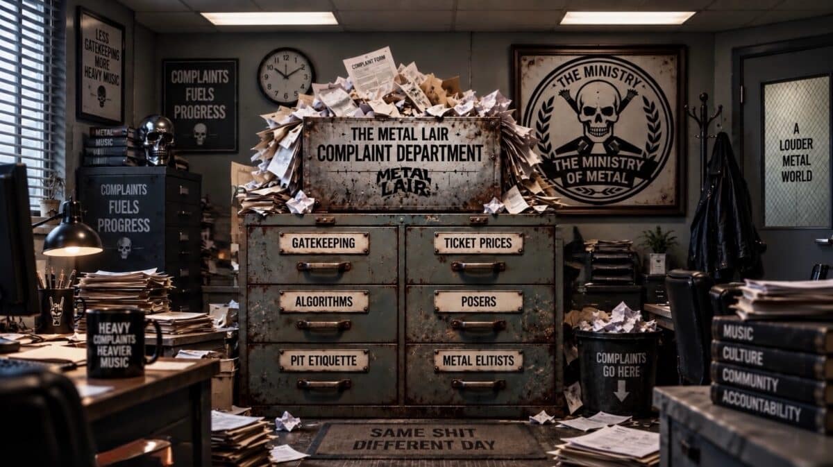 Metal Lair Complaint Department artwork featuring an overflowing complaint box on a rusted filing cabinet with drawers labeled Gatekeeping, Ticket Prices, Algorithms, Posers, Pit Etiquette, and Metal Elitists.