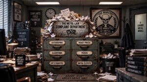 Metal Lair Complaint Department artwork featuring an overflowing complaint box on a rusted filing cabinet with drawers labeled Gatekeeping, Ticket Prices, Algorithms, Posers, Pit Etiquette, and Metal Elitists.