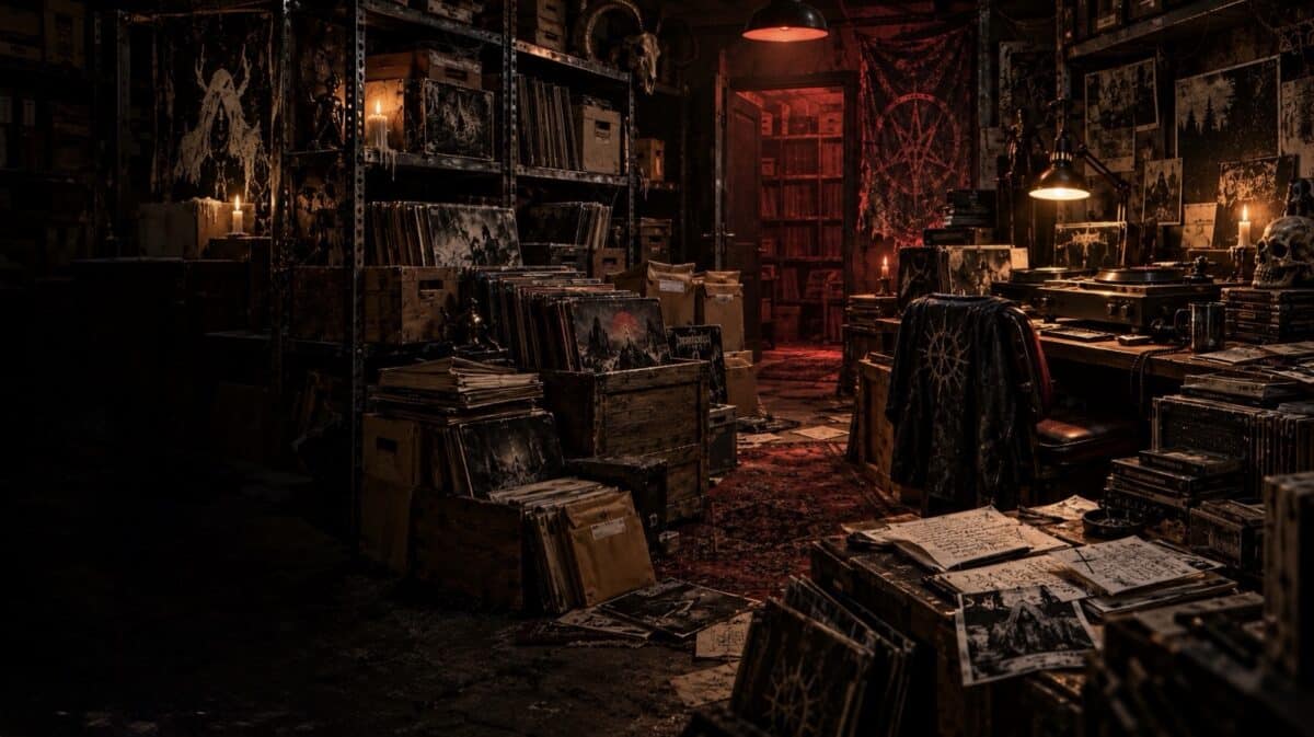 Metal Lair Album Review Archive artwork showing a dark record-shop storeroom with vinyl crates, review notes, press materials, and a listening desk