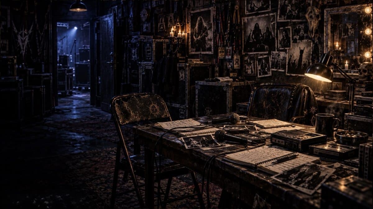 Metal Lair Interview Archive artwork showing a dark backstage interview room with microphones, notebooks, press passes, band photos, and recording gear