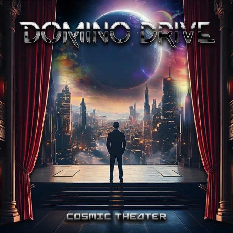 Domino Drive Cosmic Theater album artwork for the song “Time For Change,” featuring a futuristic city beneath a glowing planet viewed from a theater stage