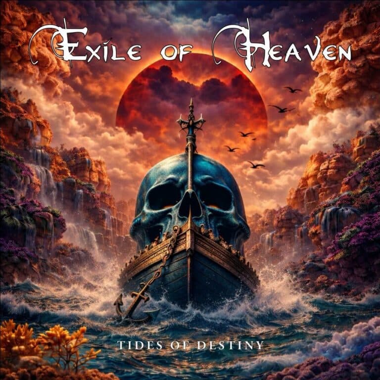 Exile of Heaven Tides of Destiny album artwork for “Poseidon’s Fury,” featuring a skull-shaped ship sailing through stormy seas beneath a fiery eclipse