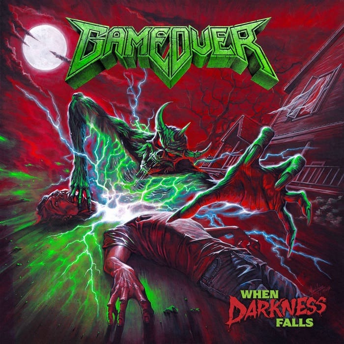 Game Over When Darkness Falls album artwork for “Two Souls, One Flesh,” featuring a monstrous figure attacking a fallen person beneath a red sky