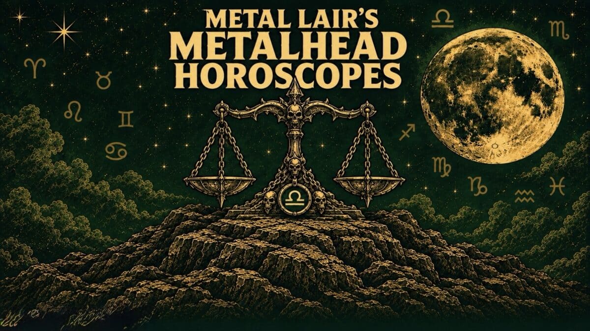 Metalhead Horoscope Libra season artwork with golden balance scales, zodiac symbols and a full moon over a dark green celestial landscape
