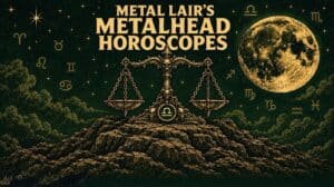 Metalhead Horoscope Libra season artwork with golden balance scales, zodiac symbols and a full moon over a dark green celestial landscape