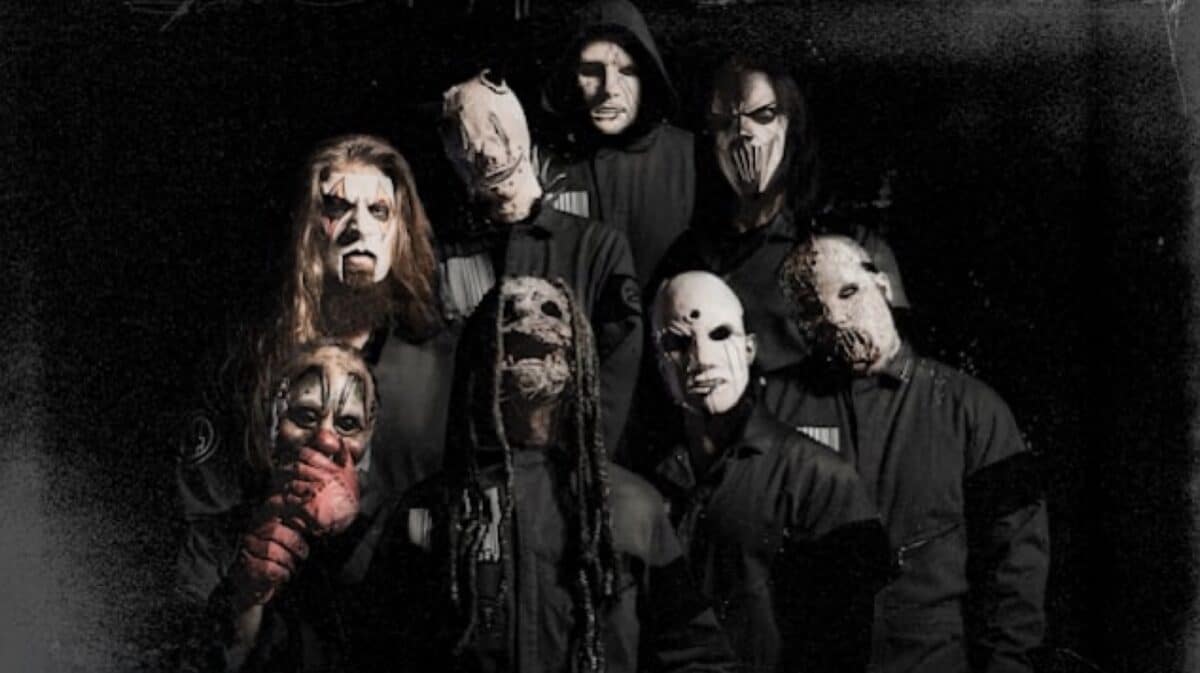 Slipknot 2027 stadium tour band photo featuring the masked Iowa metal band