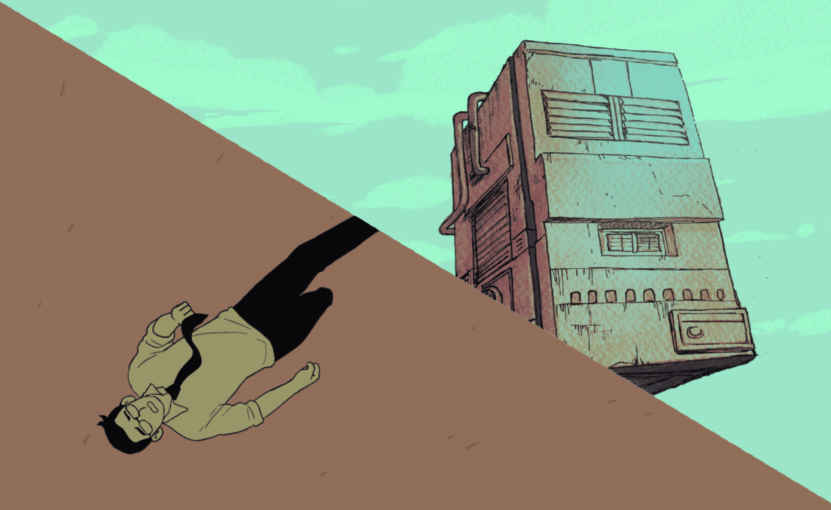 The Konsent interview animated video still by Abstraum showing a fallen human figure beside a looming industrial structure beneath a pale blue-green sky.