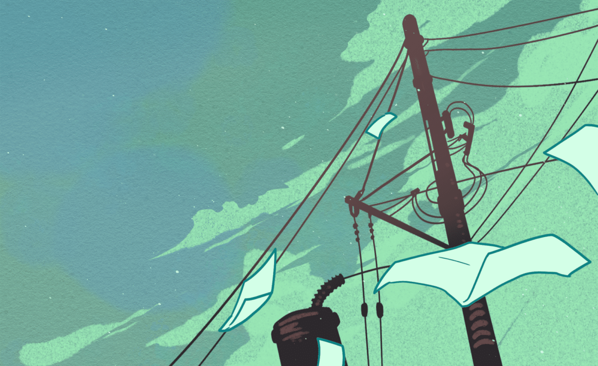 The Konsent interview animated still by Abstraum showing papers caught among utility wires beneath a surreal green-blue sky.
