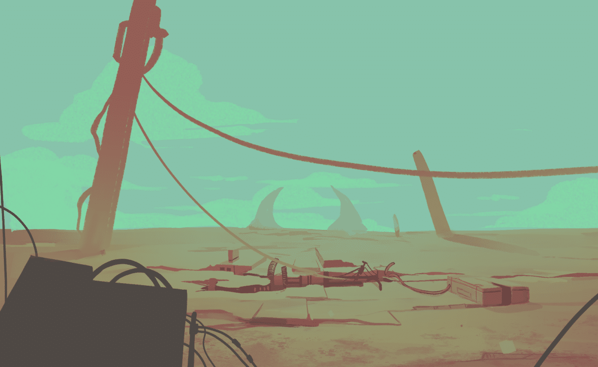 The Konsent interview animated video still by Abstraum depicting a desolate industrial landscape filled with cables, debris and distant mechanical structures.