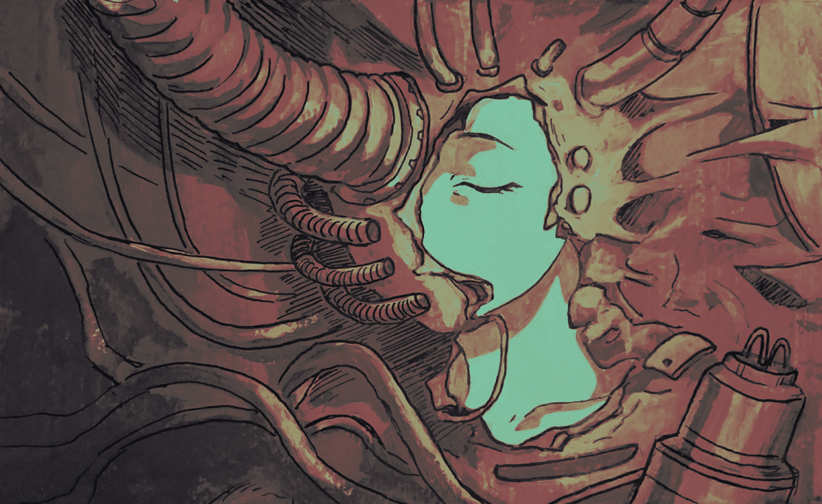 The Konsent interview animated still by Abstraum showing a human face enclosed within biomechanical machinery and organic industrial forms.