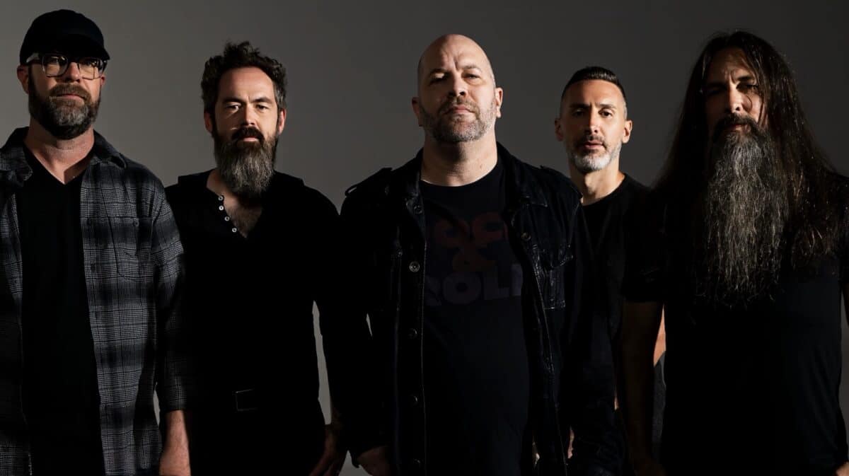Finger Eleven Last Night on Earth promotional band photo featuring all five members ahead of the deluxe album release.