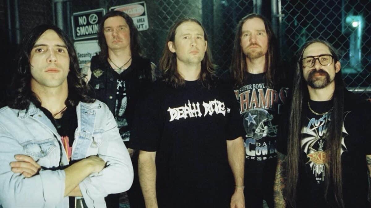 Power Trip band promotional photo featuring all five members for the release of new songs Precinct 3 and Scavenger.