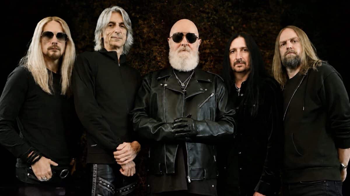 Judas Priest band promotional photo featuring Ian Hill, Rob Halford, Glenn Tipton, Richie Faulkner and Scott Travis.