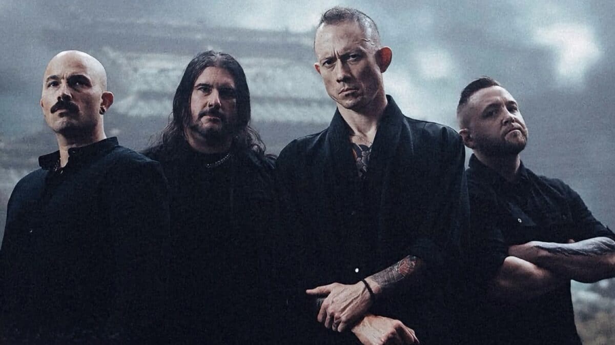 Trivium Crown In The Grave promotional band photo featuring Matt Heafy, Corey Beaulieu, Paolo Gregoletto and Alex Rüdinger ahead of their 2026 album release.