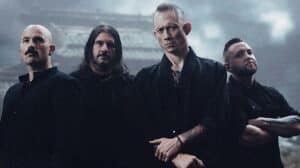 Trivium Crown In The Grave promotional band photo featuring Matt Heafy, Corey Beaulieu, Paolo Gregoletto and Alex Rüdinger ahead of their 2026 album release.