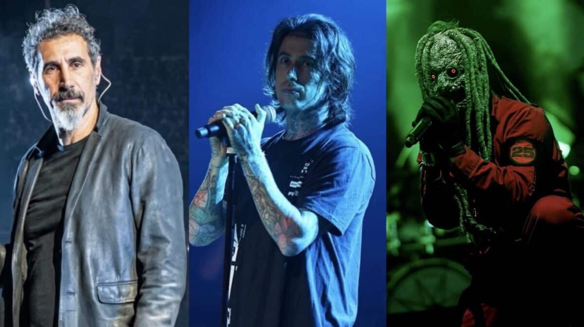 Falling in Reverse Joseph featured image collage showing Serj Tankian, Ronnie Radke, and Corey Taylor from left to right, with blue and green concert lighting.