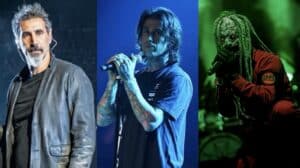 Falling in Reverse Joseph featured image collage showing Serj Tankian, Ronnie Radke, and Corey Taylor from left to right, with blue and green concert lighting.