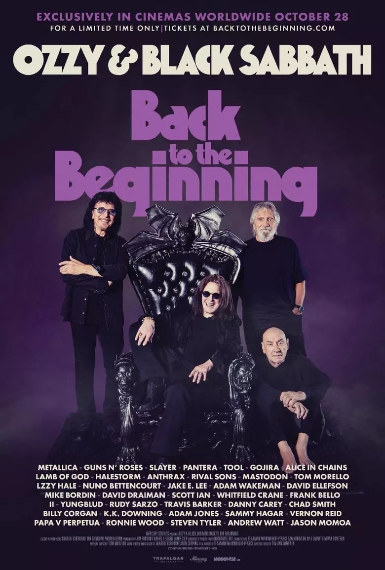 Ozzy Black Sabbath Film – Official Back to the Beginning movie poster featuring Ozzy Osbourne, Tony Iommi, Geezer Butler and Bill Ward.
