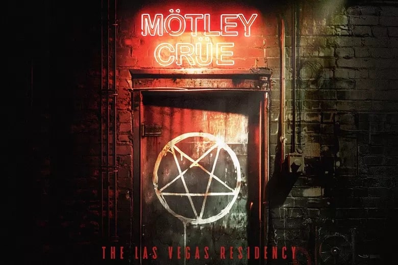 Mötley Crüe Las Vegas residency promotional artwork featuring a red neon band logo above a dark doorway with a pentagram.