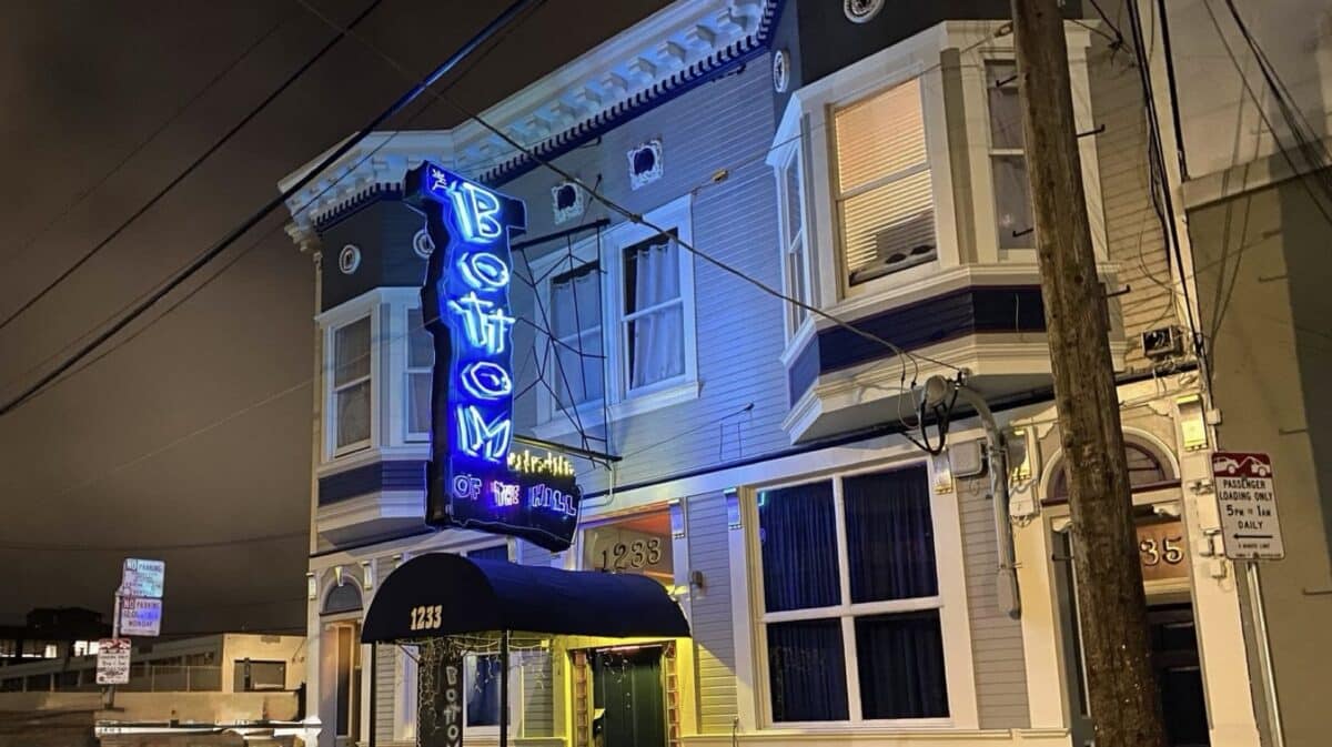 Bottom of the Hill San Francisco Venue Saved – historic 1911 music venue exterior featuring its iconic blue neon sign at 1233 17th Street.